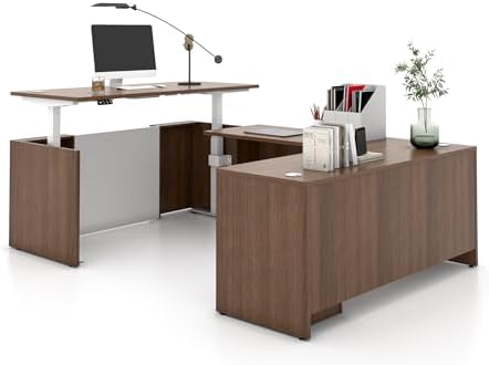 U-Shaped Executive Office Standing Desk with Pre-Assembled Frame & Lockable File Cabinet, Dual Motor Height Adjustable Electric Sit Stand Desk, Programmable Controller, Walnut/White - Image 5
