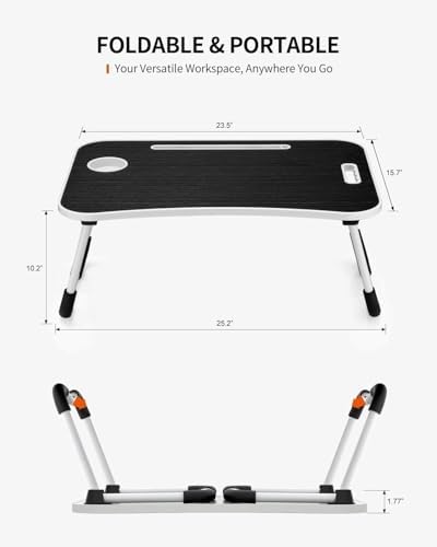 FISYOD Foldable Laptop Table, Portable Lap Desk Bed Table Tray, Laptop Stand with Cup Holder & Tablet Slot & Lifting Handle for Working Writing Drawing & Eating (Black Grain) - Image 2