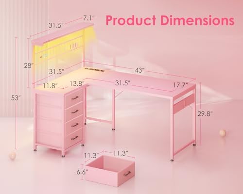MOTPK 43" L Shaped Gaming Desk with Shelf & 4 Drawers, Carbon Fiber Pink - Image 3