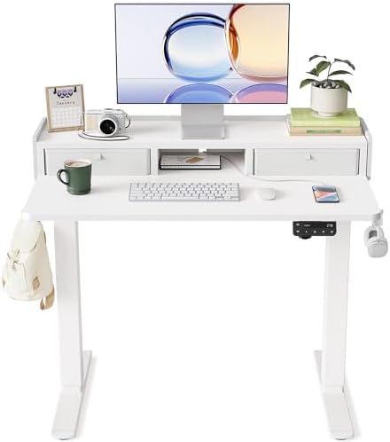 YIHAYO Electric Standing Desk with Drawers, 40 x 24 Inches Adjustable Desk with Storage Shelf, Stand Up Desk with Splice Board, Computer Table for Home Office,White Frame/White Top by YIHAYO