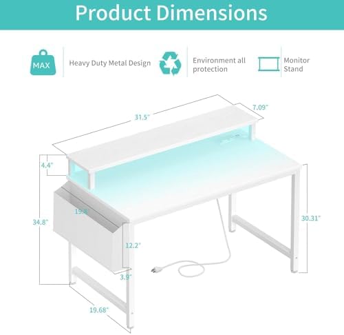 Lufeiya Small White Desk with LED Lights and Power Outlets, 32 Inch Home Office Computer Desks with Monitor Stand, Teen Writing Study Table Gaming Desk with Charging Station, White - Image 3