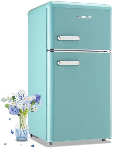 DEMULLER Retro Mini Fridge with Top Freezer 100L Small Refrigerator with Two Doors & Two Handles Dorm Fridge with 7 Temperature Settings Spacous Capacity & Ideal Size Blue by DEMULLER