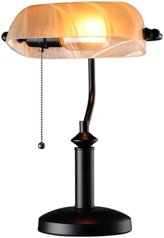 TORCHSTAR Pale Yellow Glass Bankers Desk Lamp with Pull Chain, E26 Base by TORCHSTAR