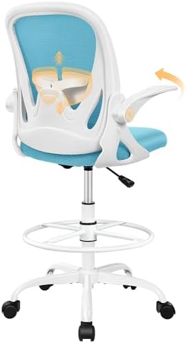 Primy Drafting Chair Tall Office Chair with Flip-up Armrests Executive Ergonomic Computer Standing Desk Chair with Lumbar Support and Adjustable Footrest Ring（Blue） by Primy