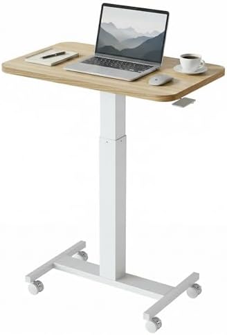 HUANUO Small Rolling Laptop Standing Desk, Height Adjustable Mobile T-Base Desk with Lockable Casters, Portable Sit-Stand Workstation for Bedside & Sofa, Light Walunt by HUANUO