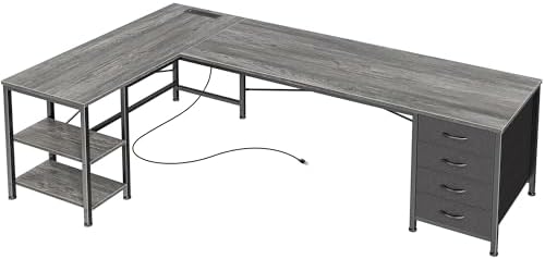 Huuger 63 Inch L Shaped Desk with Fabric Drawers, Reversible Computer Gaming Desk with Power Outlets and USB-C Port, Adjustable Side Storage Shelves, for Work Study Corner Home Office, Grey by Huuger