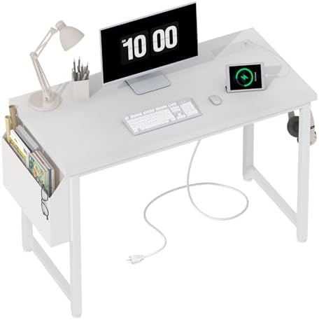 Lufeiya White Computer Desk with Power Outlet, 40 inch Simple Teen Study Table Home Office Work Writing Desks with Charging Station Outlets USB Port Built in, Storage Pocket，White by LUFEIYA