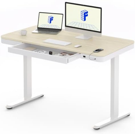 FLEXISPOT Comhar 48" Electric Standing Desk with Storage, Built-in Drawer & USB Charging Ports, Height Adjustable Sit Stand Computer Desk, Quick Assembly, Child Lock, Light Maple Finish/White Legs by Unknown