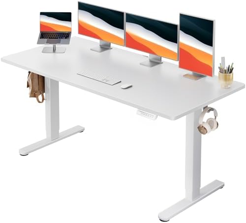 HUANUO Electric Standing Desk, Whole Piece Desktop, Adjustable Height Computer Desk, 4 Height Memory Settings, Sit Stand Up Desk for Home Office, 60" x 24", White by HUANUO