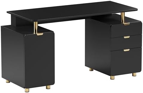 Techni Mobili 57"W Computer Desk w/ 3 Drawers & Storage Cabinet, Black/Gold by TechniMobili