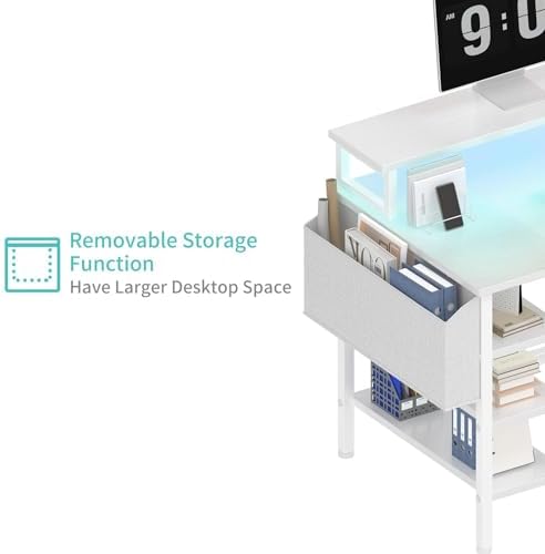 Lufeiya White Desk with Storage Shelves - 47 inch Home Office Gaming Desk with Monitor Stand, Computer Desk with LED Lights and Power Outlets, White - Image 7
