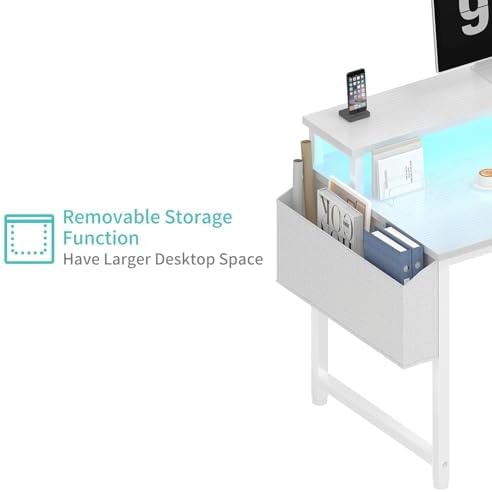 Lufeiya White Computer Desk with LED Lights and Power Outlets, 40 Inch Home Office Desks with Monitor Stand, Teen Writing Study Table Gaming Desk with Charging Station, White - Image 7
