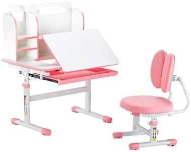 VEVOR Kids Study Chair and Desk Set, Study Desk and Chair for Kids with Bookshelf & Storage Drawer, Adjustable Height & 0-40° Tilted Desktop Desk and Chair, Study Table for Bedroom & Study Room, Pink by VEVOR