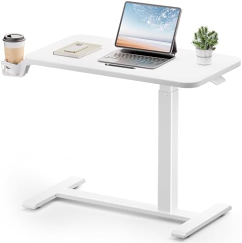 GTPLAYER Small Standing Desk with Hidden Wheels, Pneumatic Mobile Rolling Laptop Desk, Adjustable Height Overbed Bedside Table Computer Workstation for Home Office (32" W x 16" D, Pure White) by GTPLAYER