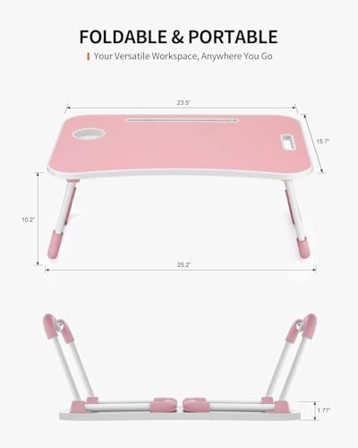 FISYOD Foldable Laptop Table, Portable Lap Desk Bed Table Tray, Laptop Stand with Cup Holder & Tablet Slot & Lifting Handle for Working Writing Drawing & Eating (Light Pink) - Image 2