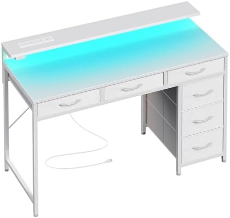 Huuger Gaming Desk with 6 Drawers, Computer Desk with LED Lights Power Outlets and Type-C, 39 Inch Office Desk with Storage, Monitor Stand, Writing Work Desk Home Office, Bedroom, White by Huuger