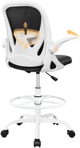 Primy Ergonomic Drafting Chair with Flip-up Armrests Tall Office Chair for Standing Desk Comfortable Desk Chair with Adjustable Footrest Ring and Lumbar Support in Gray Perfect for Home (White) by Primy