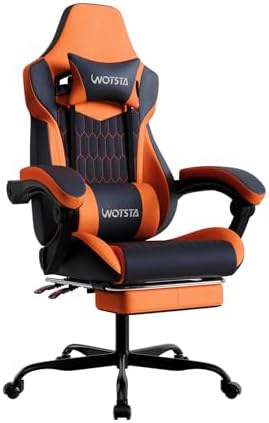 Gaming Chair with Footrest, High Back Gaming Chairs PVC Leather Ergonomic Gamer Chair with Adjustable Headrest Lumbar Support Racing Style Video Gaming Chair for Office/Home (Black Orange) by WOTSTA