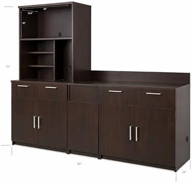BREAKtime Breakroom Cabinet with 4-Door Storage, Trash Bin Compartment & Upper Hutch, Microwave Space, Fully Assembled, 90" W x 24" D x 75" H, Trash Bin Included, Appliances Not Included, Espresso - Image 3