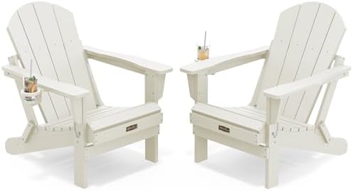 SERWALL Folding Adirondack Chair Set of 2 with Cup Holder, Fire Pit - White by SERWALL