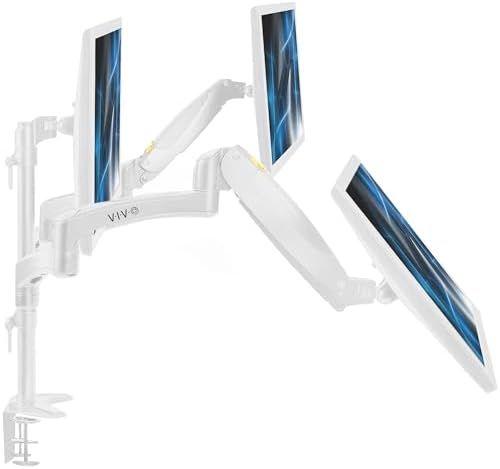 VIVO 17 to 32 inch Triple Pneumatic Monitor Mount, 2 Pneumatic Arms, 1 Fixed, Adjustable Swivel, Rotation, Heavy Duty VESA Desk Stand with C-clamp, Max VESA 100x100, White, STAND-V300GW - Image 4