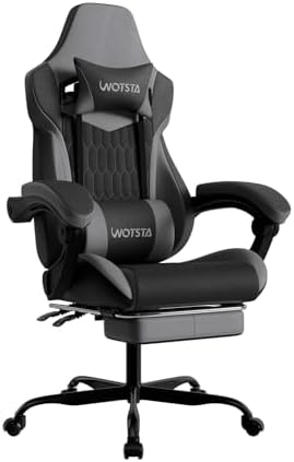Gaming Chair with Footrest, High Back Gaming Chairs PVC Leather Ergonomic Gamer Chair with Adjustable Headrest Lumbar Support Racing Style Video Gaming Chair for Office/Home (BlackGrey) by WOTSTA
