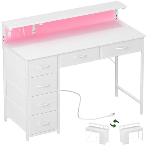 Somdot Computer Desk with Power Outlet and LED Lights, Desk with 6 Drawers by Somdot