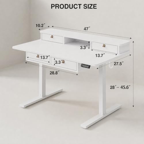 Grandder Electric Standing Desk with Four Drawers, Sit to Stand Up Height Adjustable Desk with Storage Shelf for Home Office, 47 * 28 Inch, Study, Ergonomic Adjustable Computer Desk, White - Image 3