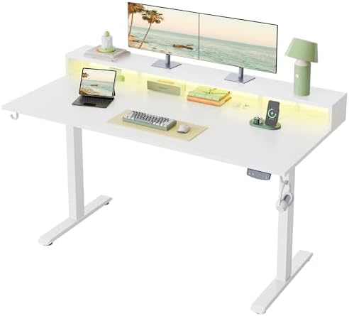 Klicelor Electric Standing Desk with Shelf, 63 Inch Height Adjustable Desk with Power Outlets & LED, Sit Stand Up Table with Monitor Stand, Computer Workstation for Home Office, White by Klicelor