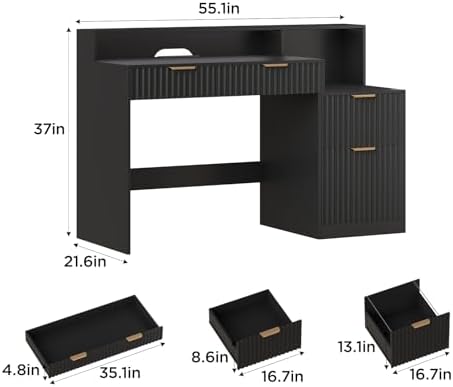 Vabches Fluted Computer Desk with Power Outlets, Home Office Desk with Drawers, Printer Stand, Wood Computer Desk with Long Monitor Stand, Black - Image 2