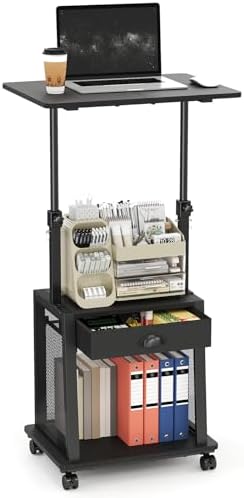 Height Adjustable Standing Desk with Wheels,Mobile Sit Stand Up Desk with Drawer,Rolling Laptop Computer Desk with storage,Portable Podium Teacher Stand Desk,Narrow Walking Pad Desk for Home Office by LUMAMU
