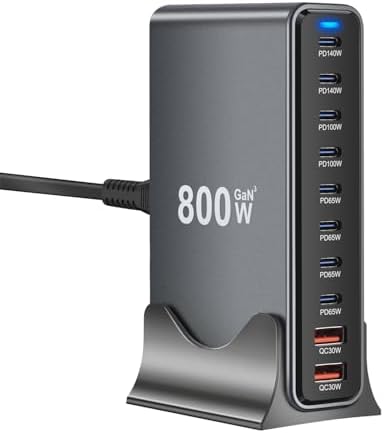 800W GaN3 10-Port USB-C Charging Station - Fast Charger for Laptops, Tablets, Smartphones, and More (Black) by Unknown