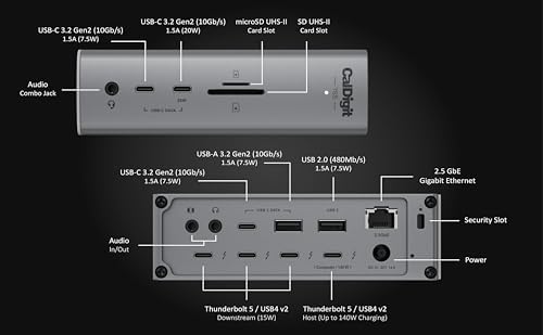 CalDigit TS5 Thunderbolt 5 Dock - 15 Port, 140W Charging, 80Gb/s TBT 5 x 4, USB-C 10Gb x 3, USB-A x2, 2.5Gb Ethernet, Dual 8K@60Hz Displays, SD & microSD UHS-II, 1m Braided Cable, Space Gray 240W PSU - Image 3