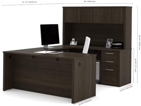 Bestar Embassy 66W U-Shaped Executive Desk with Pedestal and Hutch in Dark Chocolate - Image 3