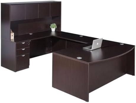 Boss Office Products Belarus Executive U-Shape Curved Bow Desk with Hutch and File Storage Pedestal, 71", Mocha by BossOfficeProducts