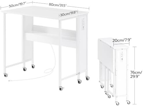 CHOEZON Folding Desk with Power Outlets, 31.5" Rolling Computer Table with Wheels, Portable Office Desk with Storage Shelf for Small Spaces White TDN01UWB - Image 2