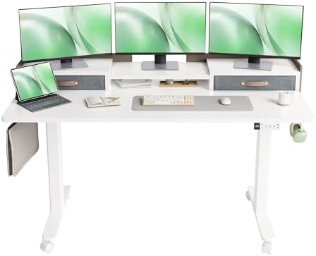 Claiks Standing Desk with Drawers & Wheels, 2 Height Shelf 59inch White by CLAIKS
