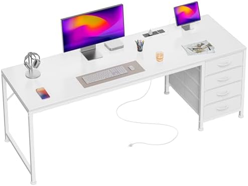 PRAISUN 63 Inch Computer Office Desk with Power Outelts and USB-C Port, Reversible Gaming Desk with 4 Fabric Drawers, Work Study Desk Work from Home, White by PRAISUN