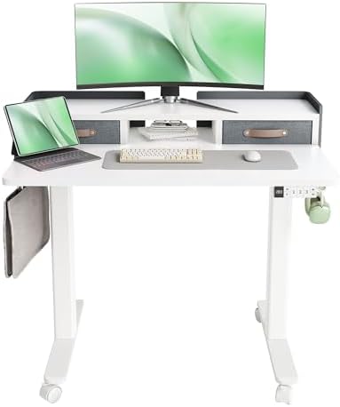 Claiks Standing Desk with Drawers, Adjustable Stand Up Electric Small Standing Desk Adjustable Height with Storage Shelf and Splice Board, 40 Inch, White by CLAIKS