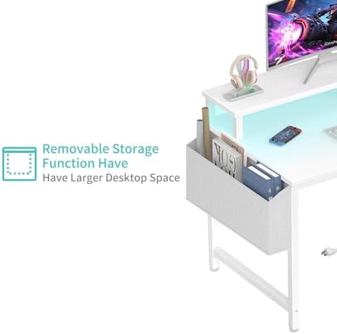 Lufeiya Small White Desk with LED Lights and Power Outlets, 32 Inch Home Office Computer Desks with Monitor Stand, Teen Writing Study Table Gaming Desk with Charging Station, White - Image 7