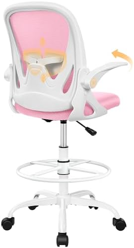 Primy Drafting Chair Tall Office Chair with Flip-up Armrests Executive Ergonomic Computer Standing Desk Chair with Lumbar Support and Adjustable Footrest Ring (Pink) by Primy