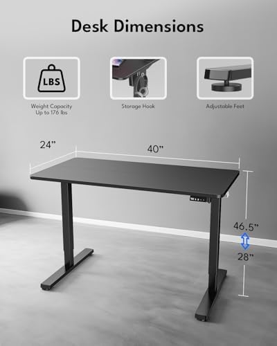Electric Standing Desk, Gaming Desk, 40 x 24 Inch, Black - Image 2
