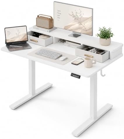 Grandder Electric Standing Desk with Two Drawers, Sit to Stand Up Height Adjustable Desk with Storage Shelf for Home Office, 47 * 24 Inch, Study, Ergonomic Adjustable Computer Desk, White by Grandder