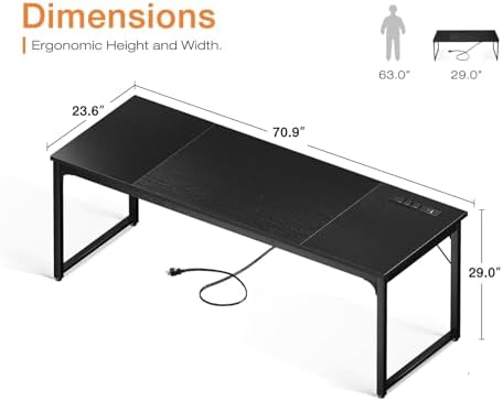 Coleshome 71 Inch Computer Desk with USB Ports, Large Office Desk, Long Study Student Writing Desk, Black - Image 3