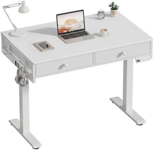 KLUVIS White Electric Standing Desk with Drawers, 39 Inch Small Adjustable Desk with Storage, Sit Stand Computer Study Writing Desks for Small Space Home Office, Stand Up Work Desks for Walking Pad by Unknown
