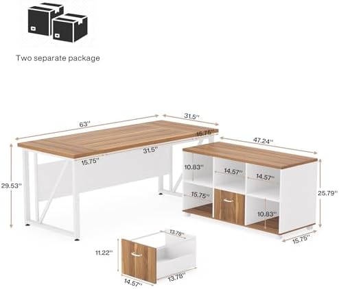Tribesigns 63 inches Executive Desk and 47" lateral File Cabinet, L-Shaped Computer Desk Home Office Furniture Set with Drawers and Storage Shelves, Office Table with Cabinet (Walnut+White, 63) - Image 2