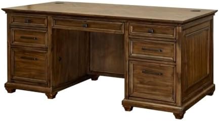 Pemberly Row 68.5" W Wood Executive Desk, Brown Finish, Herringbone Pattern, 2 Locking File Drawers, 4 Utility Drawers, Keyboard Drawer, Grommets, Fully Assembled, Home Office or Workspace Desk by PEMBERLYROW