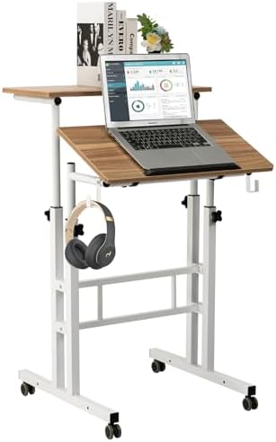 SIDUCAL Small Standing Desk, Portable Stand Up Desk, Height Adjustable Mobile Standing Table Converter with Wheels Computer Workstations, Rolling Laptop Cart for Stand or Sit, Vintage Oak by SIDUCAL