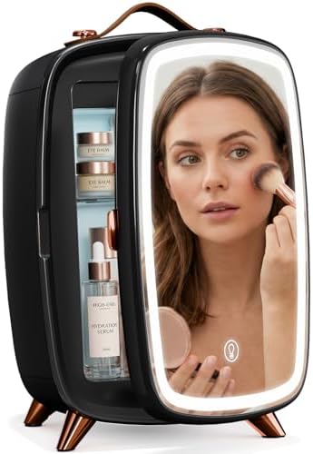 Antarctic Star 6L/8 Cans Makeup Mini Refrigerator with Dimmable LED Light Mirror for Bedroom, Car, Office & Dorm,Portable Small Cooler for Cosmetics,Skin Care,BLACK by AntarcticStar