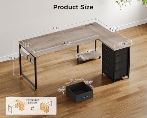 AODK 61" L Shaped Gaming Desk with 4 Drawers and Power Outlets, Grey - Image 3